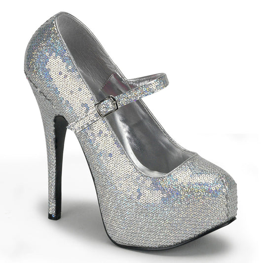 TEE07H Hidden Platform Silver Sequin Shoes with Straps