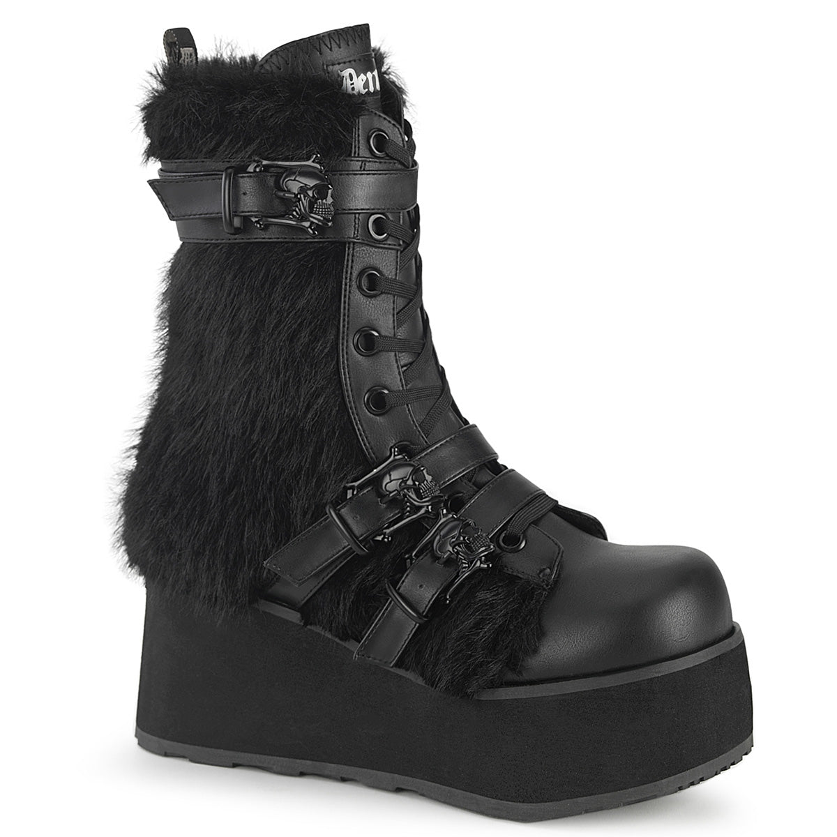 TRASHVILLE-218 Demonia Blk Vegan Leather-Faux Fur Alternative Footwear