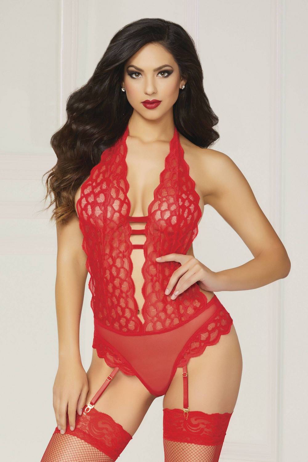 STM10745P Seven Til Midnight Feather galloon lace and mesh teddy Red
