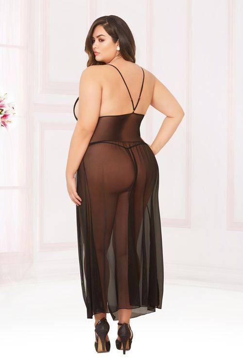 stm10904x  Seven Til Midnight SALE Lingerie mesh floor length gown with adjustable straps black