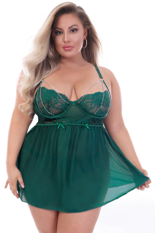 STM11159X Seven Til Midnight Two Piece Babydoll Set. Lace And Mesh Babydoll With Rhinestone Chain Cup Detail Green