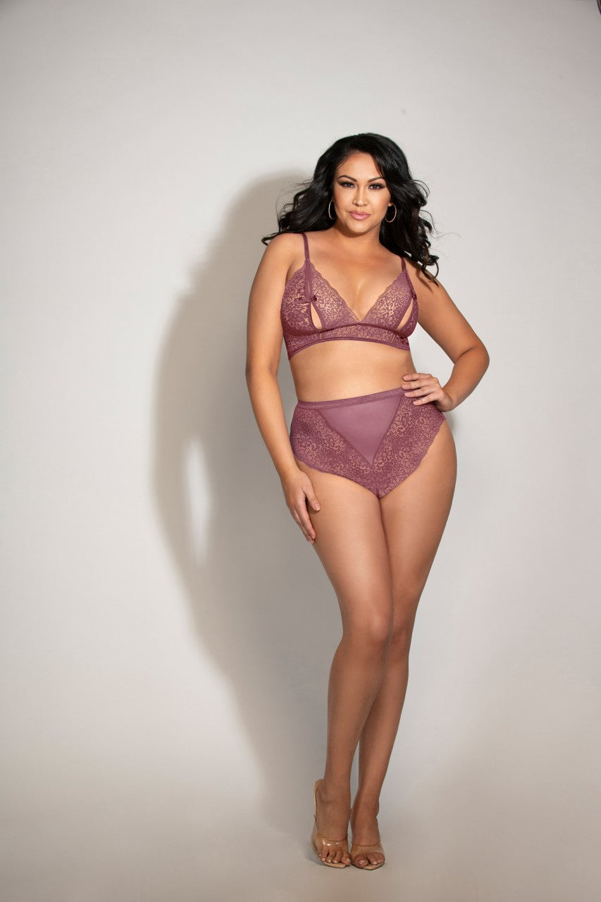 stm11293xp  Seven Til Midnight SALE Lingerie lace bralette with peek a boo cups and high waisted panty mauve