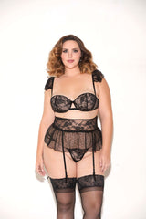 GL34036X GLITTER Glitter 3 PC Floral Lace Bra, Garter Belt & Panty Black