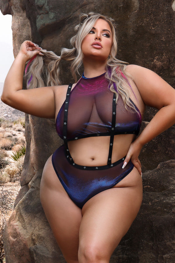 stardust iridescent halter top suspender bottoms with uv reactive star print elastic