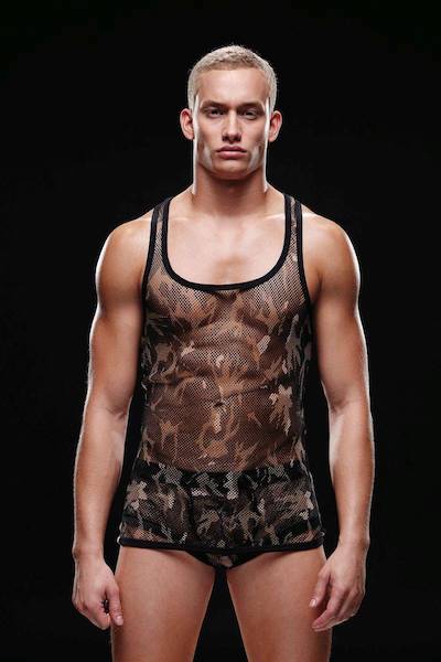 Envy Menswear camouflage fishnet sport tank top