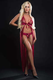 gwbl2084 g world 2pc cut out open front flyaway night gown adorned by pearl chains panty red berry