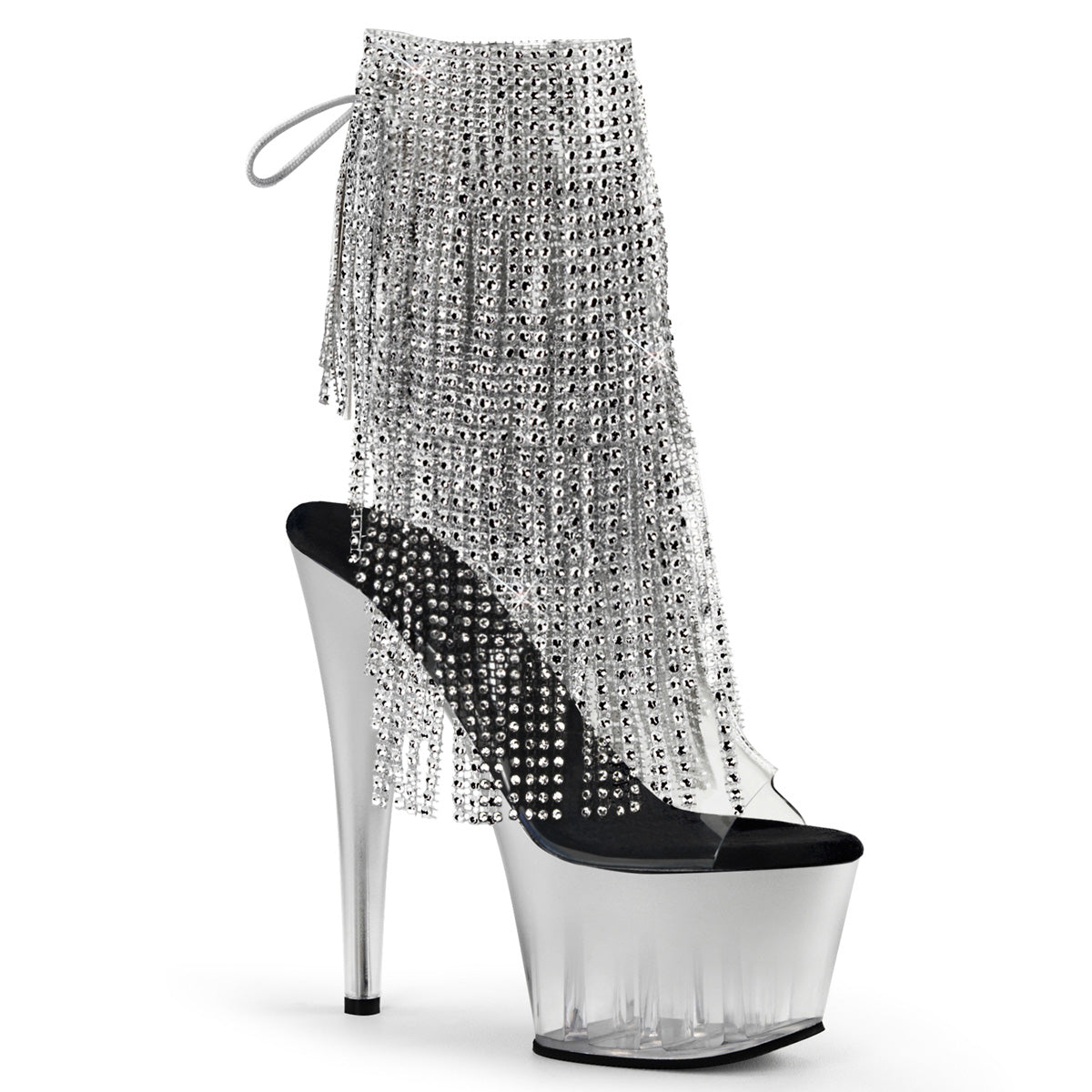 ADORE-1017RSFT 7" Heel Clear Silver Tassel Bling Pole Dancing Ankle Boots