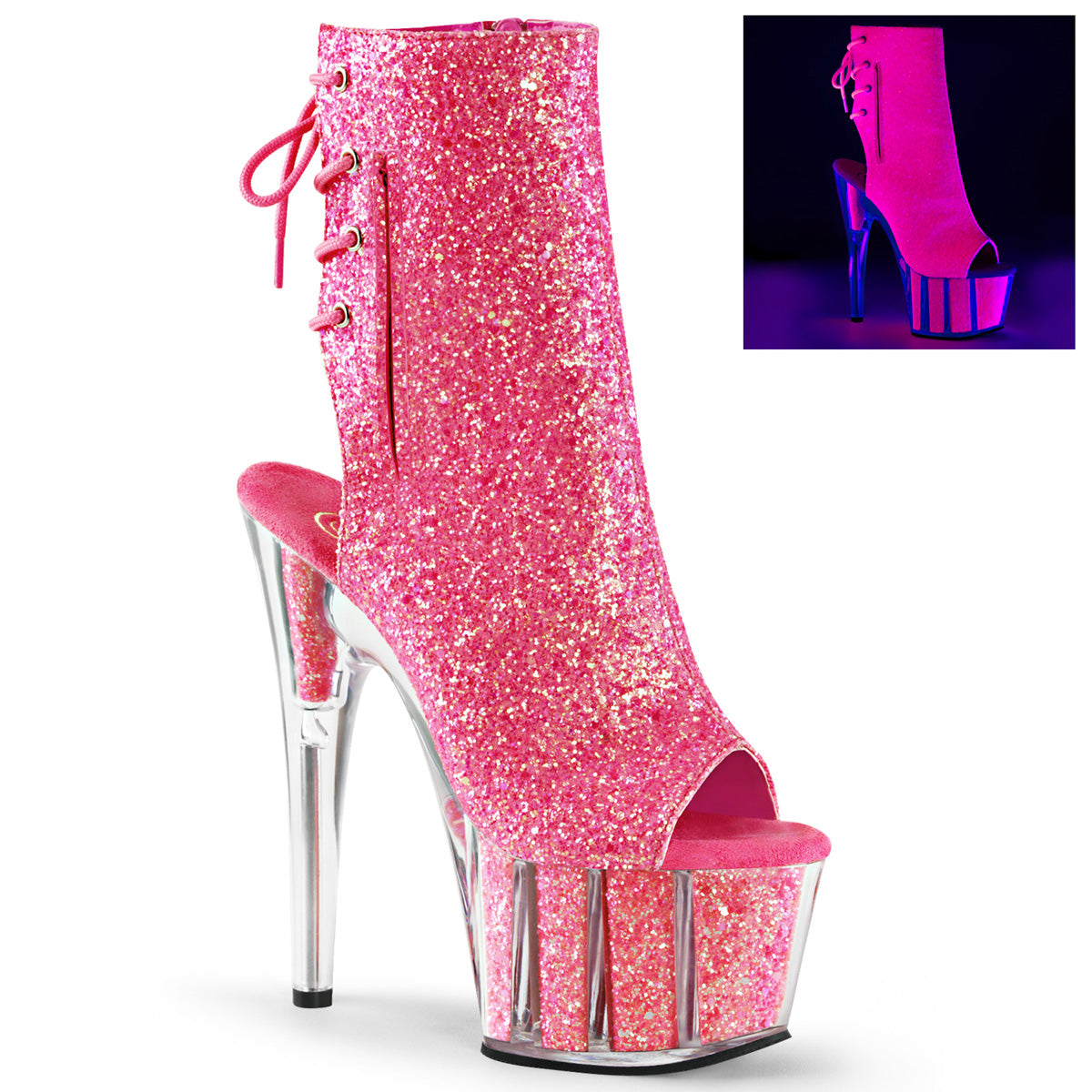 ADORE-1018G Pleaser 7" Heel Neon Pink Glitter Strippers Ankle Boots