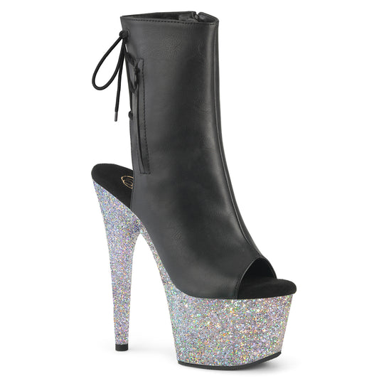 ADORE-1018LG Pleaser Ankle/Mid-Calf Boots Black Faux Leather/Silver Multi Glitter Platforms (Exotic Dancing)