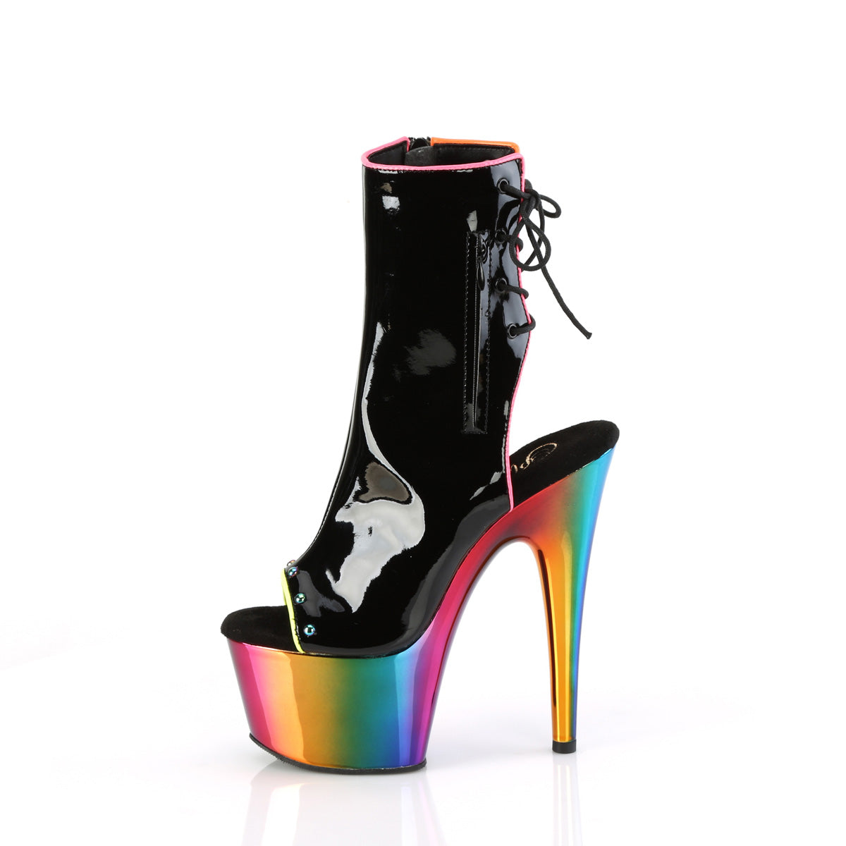 ADORE-1018RC-02 Pleaser Black Patent Exotic Dancing Rainbow Chrome Platforms Ankle Boots