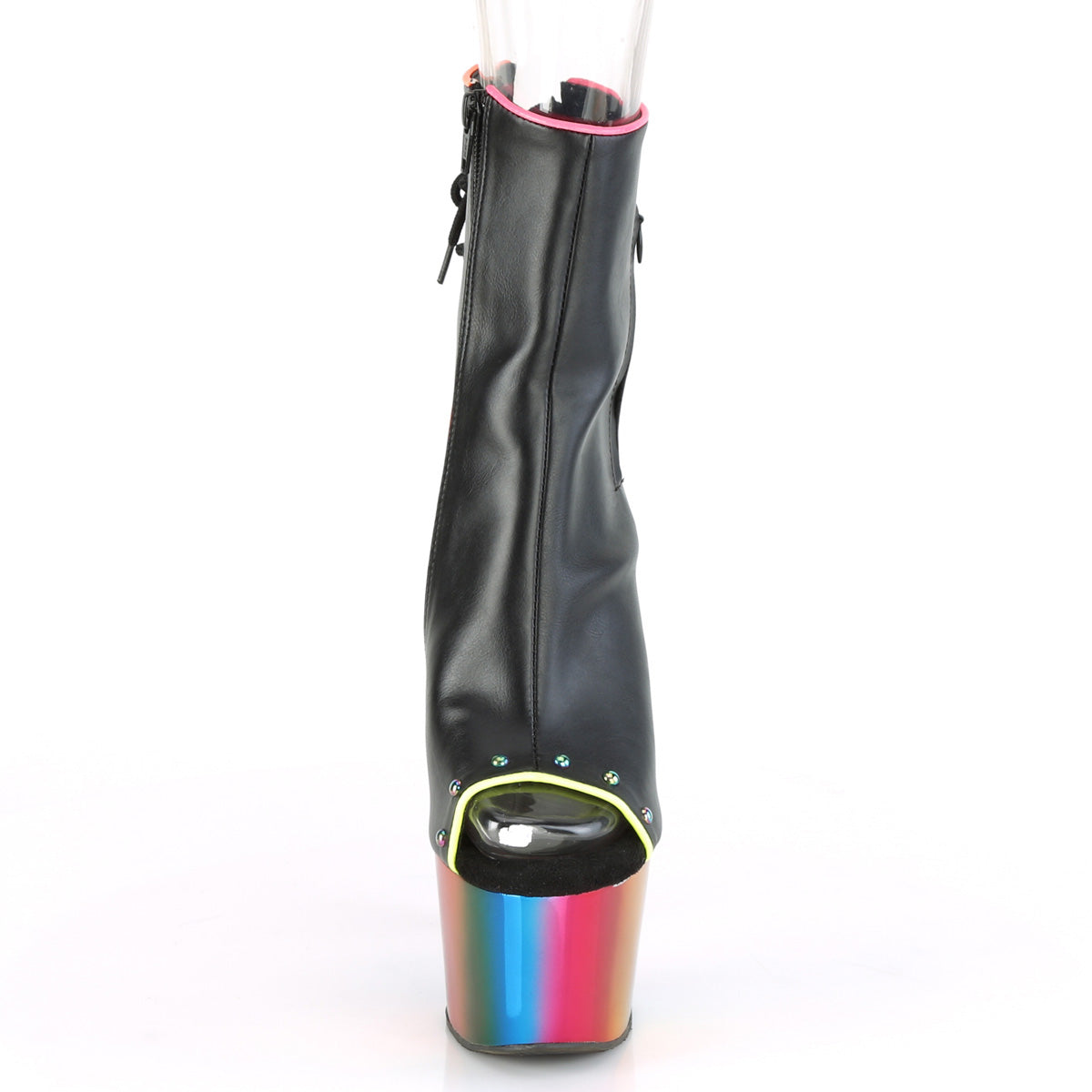 adore 1018rc 02_pleaser_platforms_exotic_dancing_ankle_mid calf_boots_pleasers_black_faux_leather_rainbow_chrome