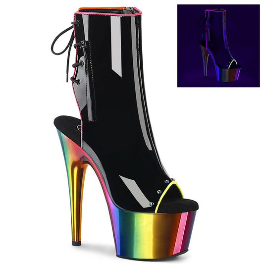 ADORE-1018RC-02 Pleaser Black Patent Exotic Dancing Rainbow Chrome Platforms Ankle Boots