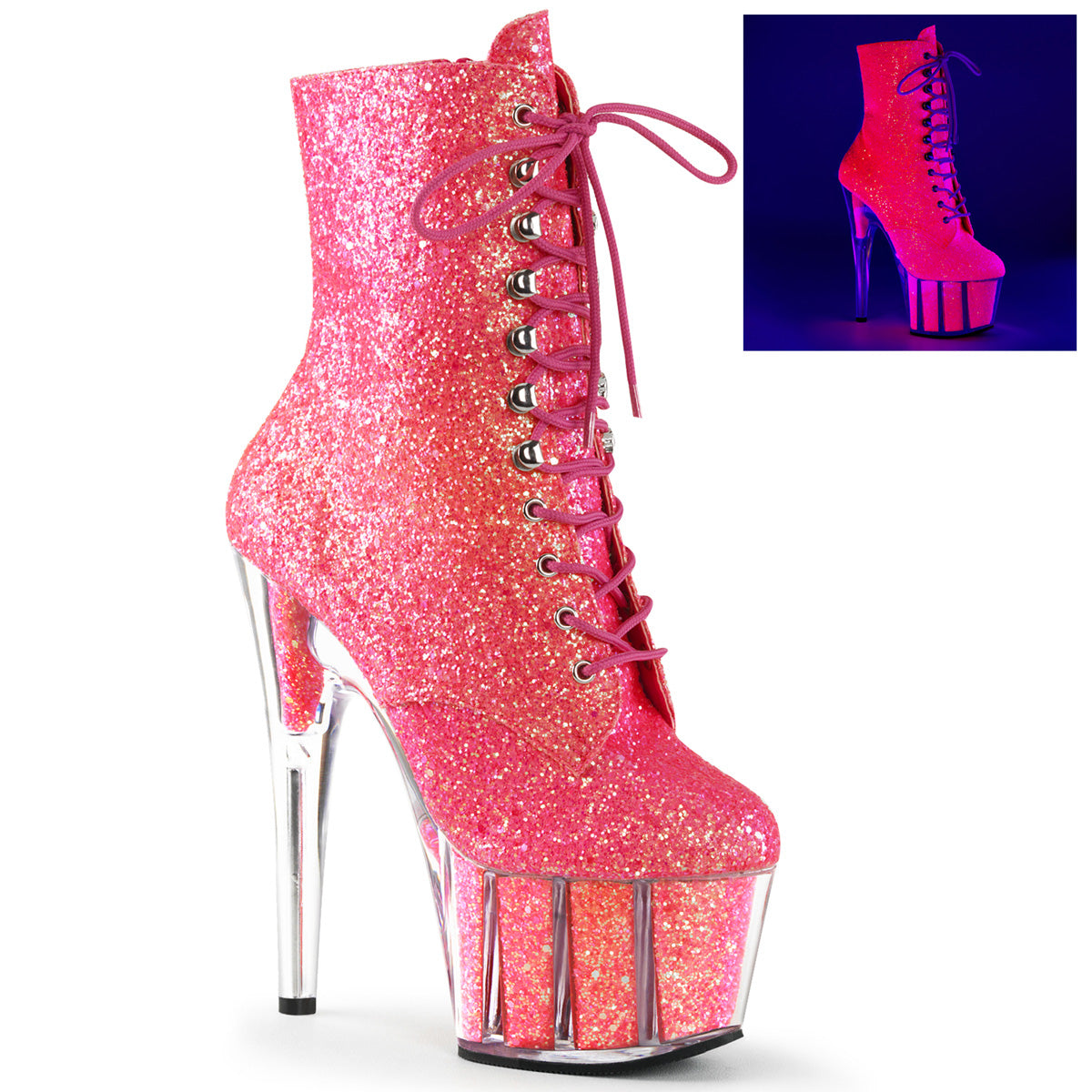 ADORE-1020G Pleasers 7" Neon Pink Glitter Exotic Dancer Ankle Boots