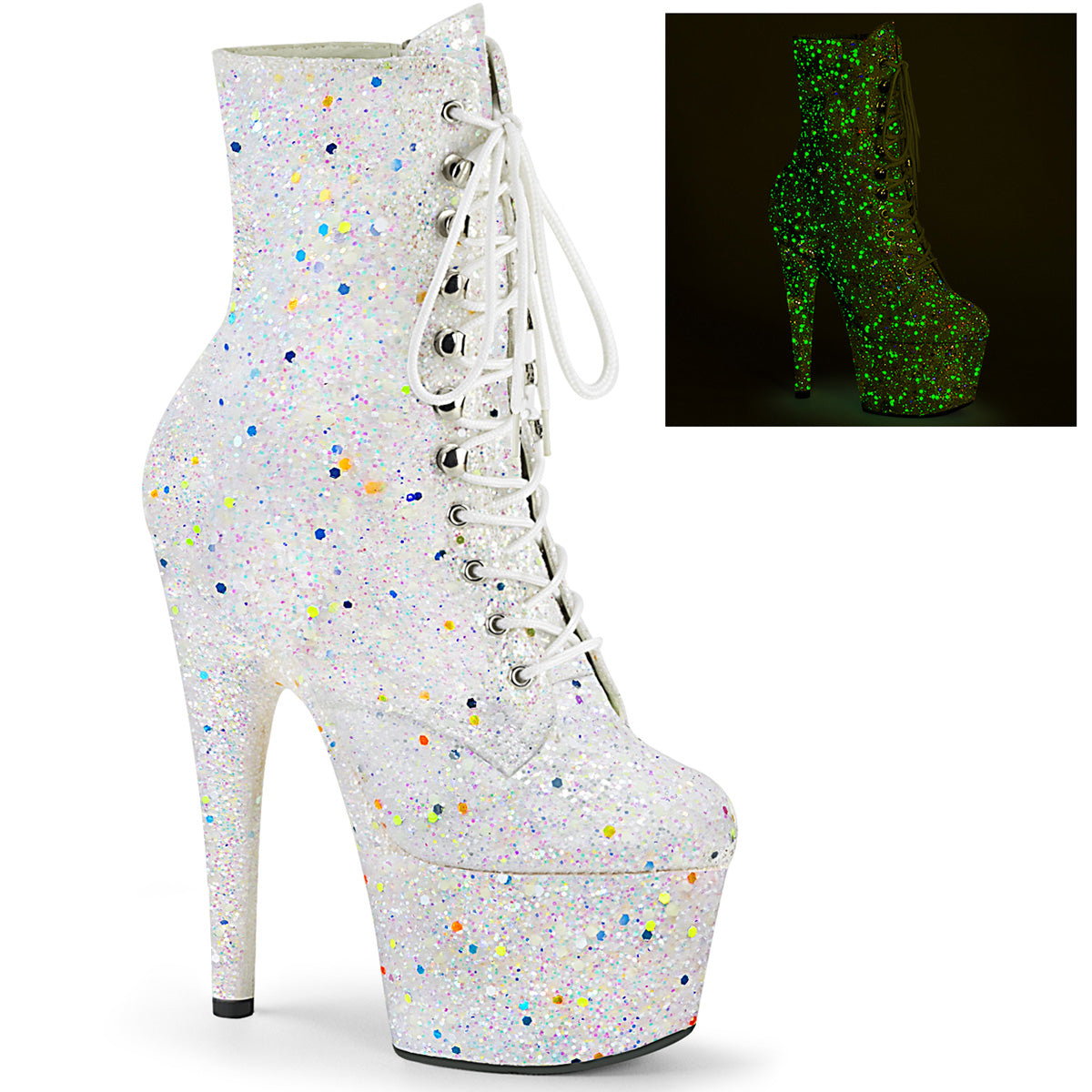 ADORE-1020GDLG 7 Inch White Glitter Exotic Dancer Ankle Boot-Pleaser- Sexy Shoes