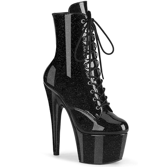 ADORE-1020GP Pleaser Black Glitter Patent Lace Up Ankle Boots