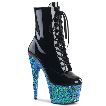 ADORE-1020LG  Pleaser 7" Heel Black Patent Exotic Dancer Glitter Platform Ankle Boots