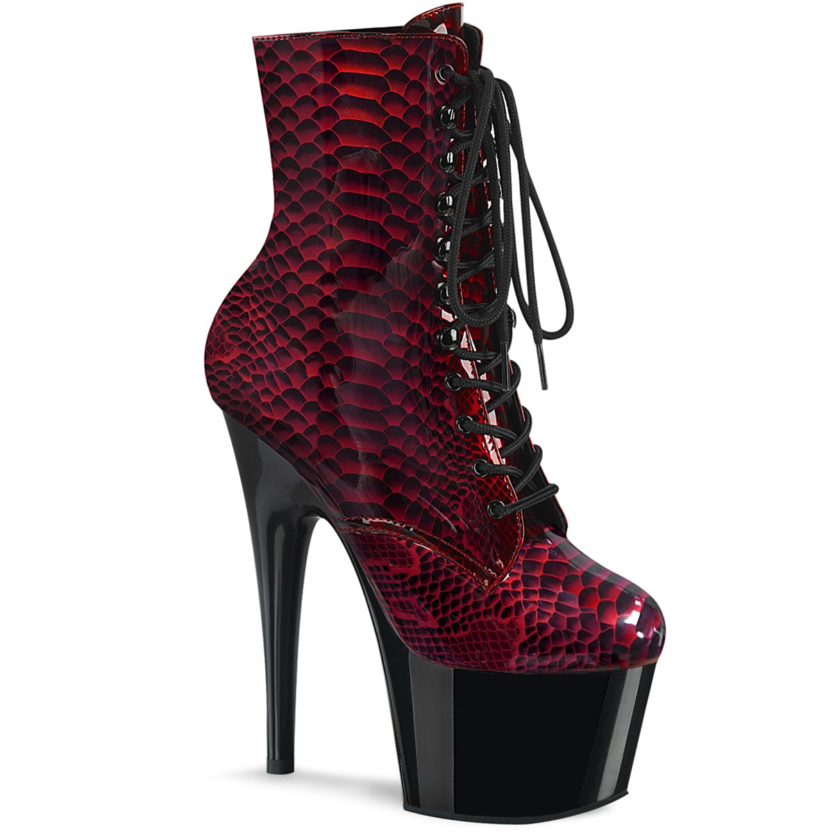 ADORE-1020SP Pleaser 7" Heel Red Snake Print Pole Dancer Ankle Boots