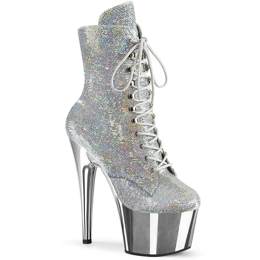ADORE-1020SQ-02 Pleaser Silver Sequin Pole Dancing Lace Up Ankle Boots