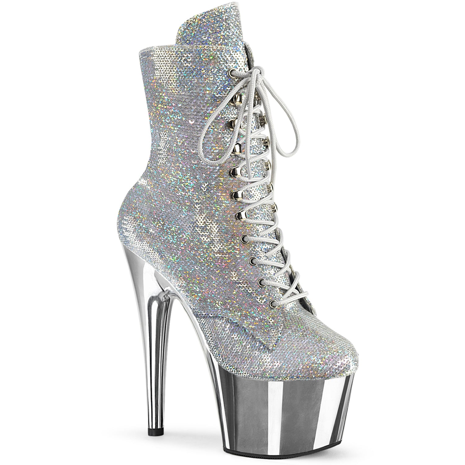 ADORE-1020SQ-02 Pleaser Silver Sequin Pole Dancing Lace Up Ankle Boots