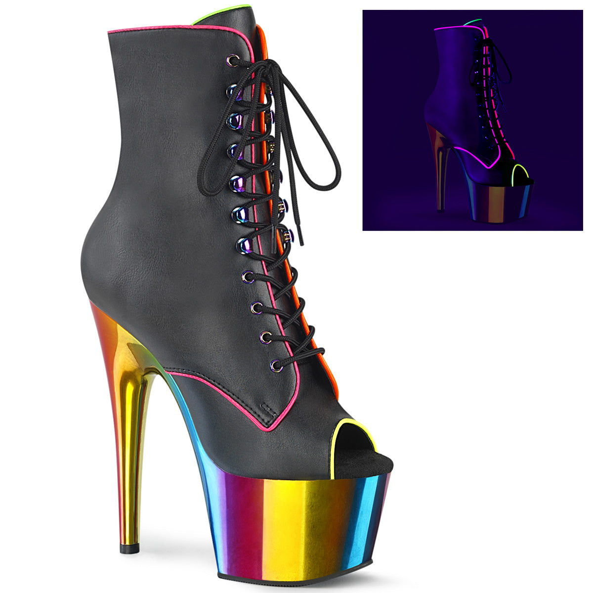 adore 1021rc 02_pleaser_platforms_exotic_dancing_ankle_mid calf_boots_pleasers_black_faux_leather_rainbow_chrome