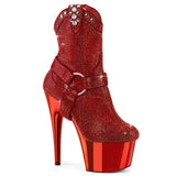 ADORE-1029CHRS Pleaser Red Chrome Platforms Bling Cowboy Ankle Boots