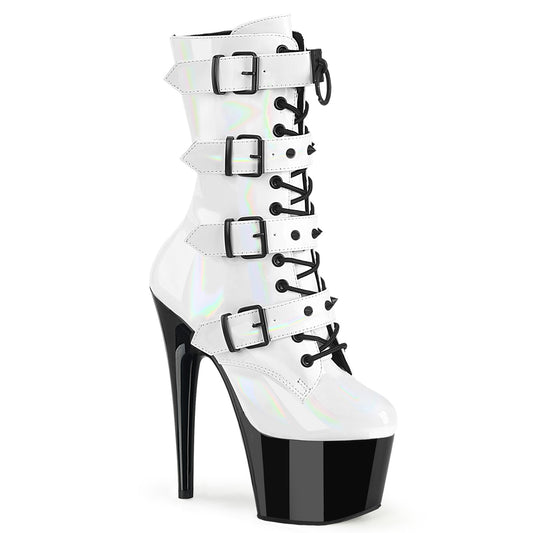 ADORE-1046TT Pleaser Sexy White Holographic Buckle Detail Mid-Calf Boots