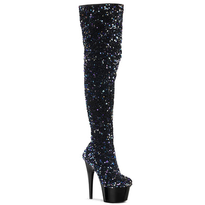 ADORE-3020 Pleasers Black Sequin Exotic Dancing Thigh High Boots