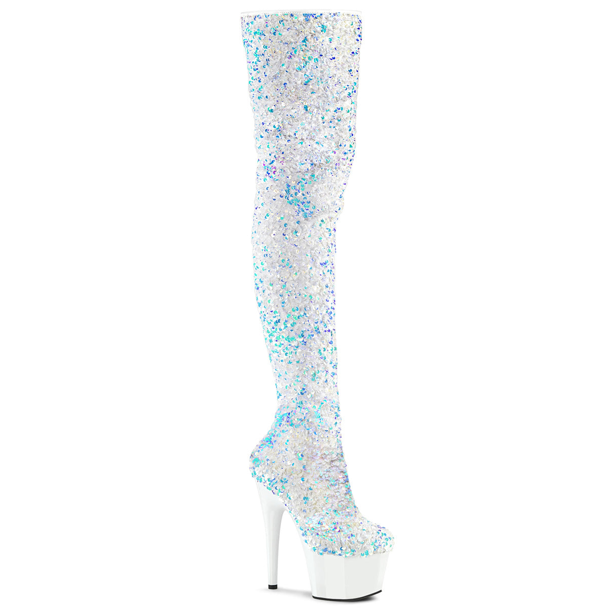 ADORE-3020 Pleasers White Sequin Exotic Dancing Thigh High Boots