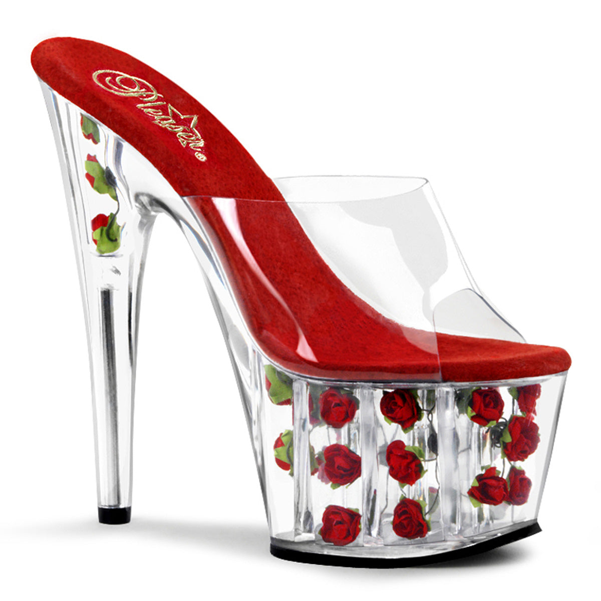 ADORE-701FL 7" Heel Clear and Red Flowers Pole Dancer Shoes