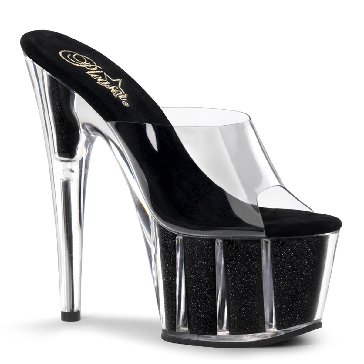 Adore-701G 7 "Heel Clear and Black Glitter Pole Dancer Shoes