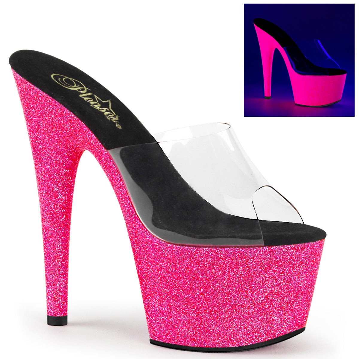 ADORE-701UVG Pleaser 7 Inch Heel Pink Neon Glitter Platform Slip On Sandals