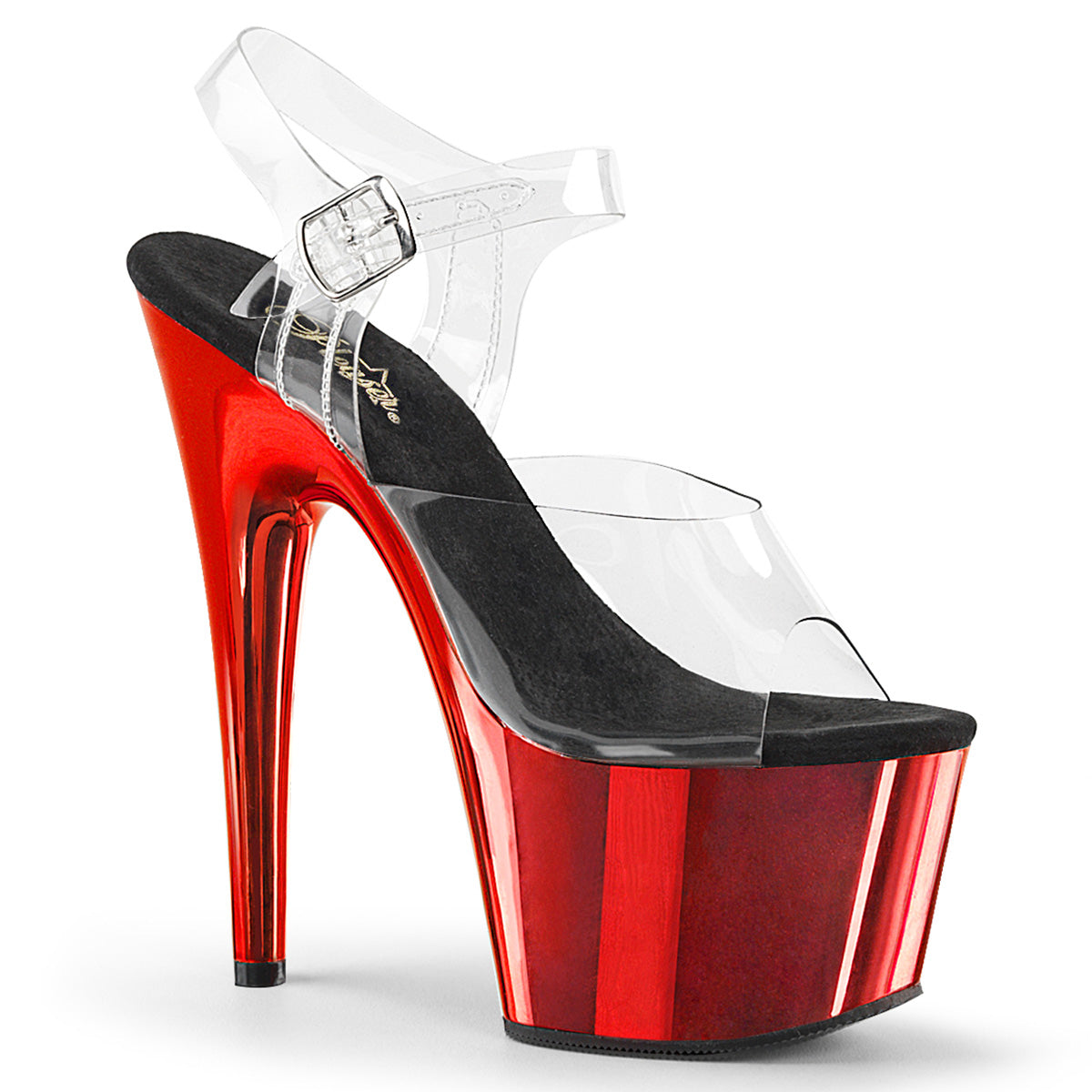 ADORE-708 7" Heel Clear and Red Chrome Pleasers