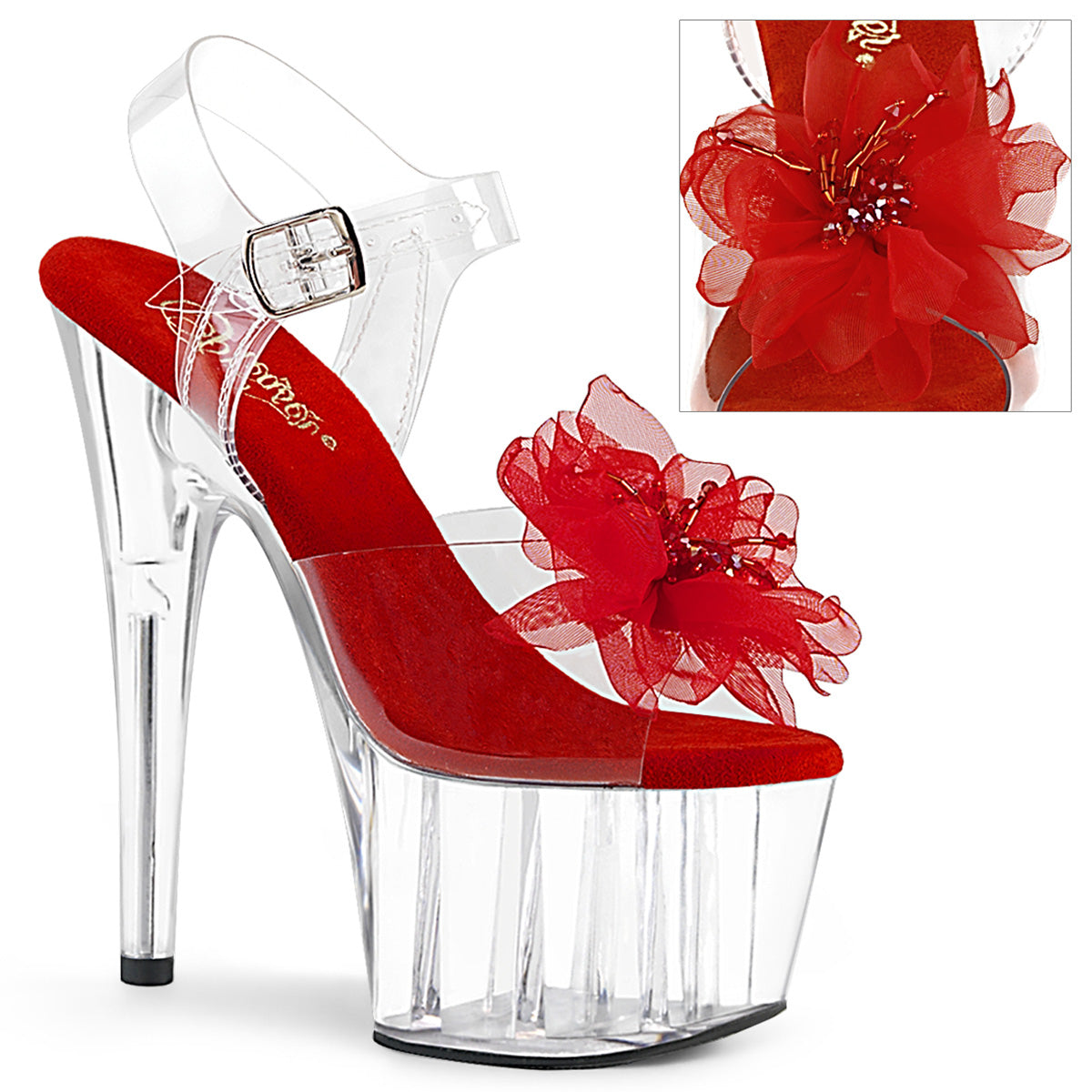 ADORE-708BFL 7" Heel Clear and Red Pole Dancing Shoes