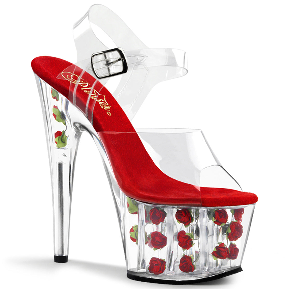 ADORE-708FL Pleaser 7" Heel Clear Red Flowers Platform Exotic Dancer Heels