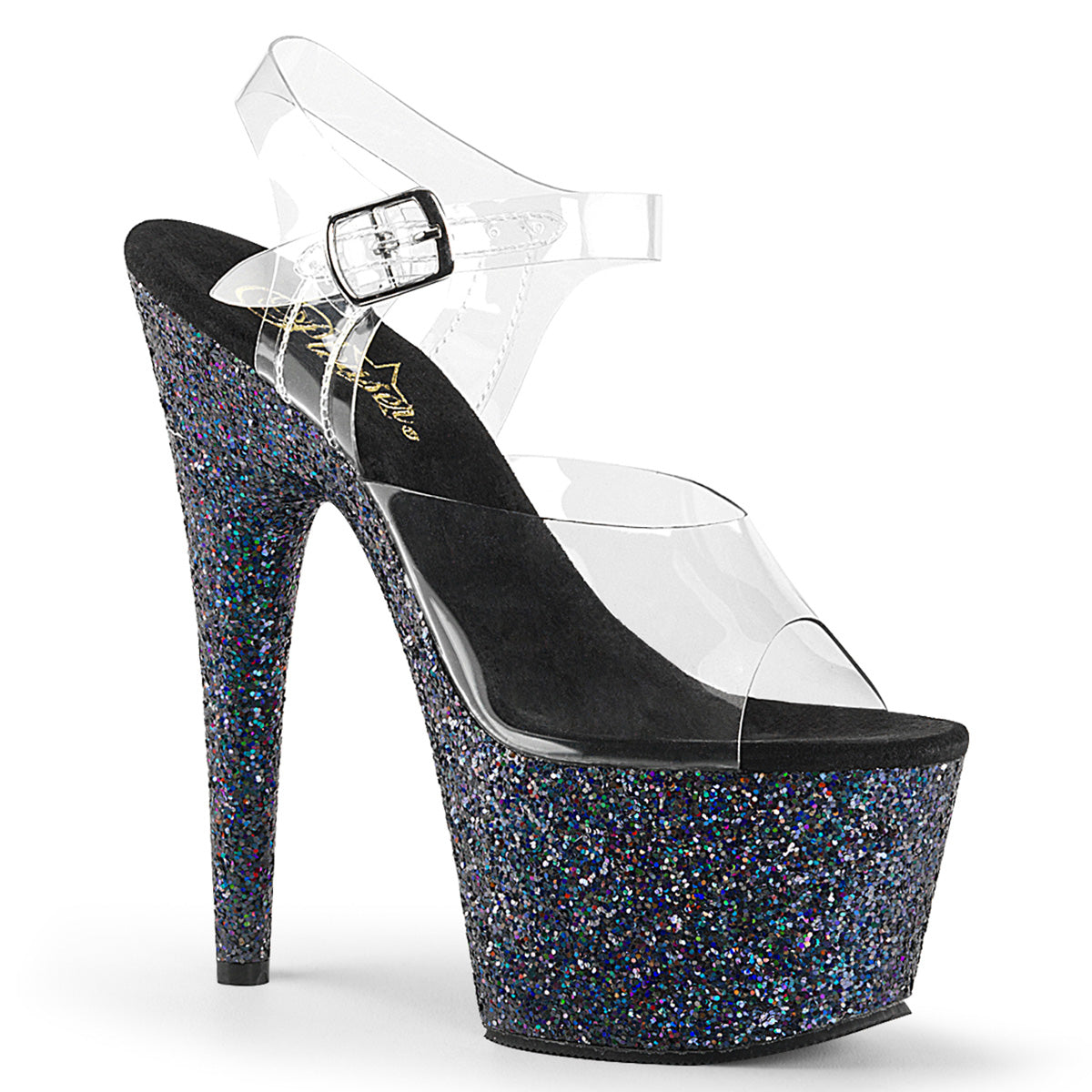 ADORE-708LG Pleaser 7" Heel Black Glitter Platform Exotic Dancing Sandals