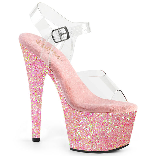 ADORE-708LG 7" Heel Clear B Pink Glitter Pole Dancer Sandals-Pleaser- Sexy Shoes
