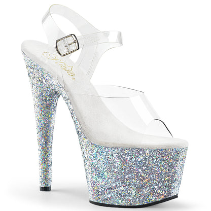 Adore-708LG 7 "Heel Clear and Silver Glitter Pole Shoes