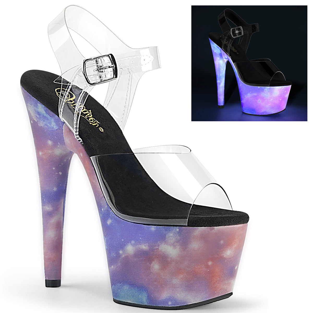 ADORE-708REFL Pleaser 7 Inch Purple-Blue Galaxy UV Pole Dancing Heels