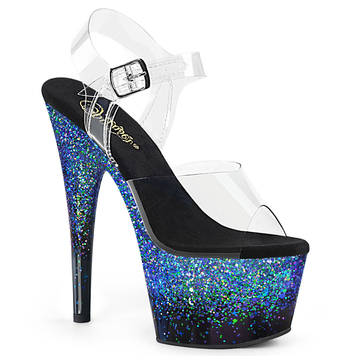 ADORE-708SS Pleasers Black-Blue Multi Glitter Platform Exotic Dancing Heels