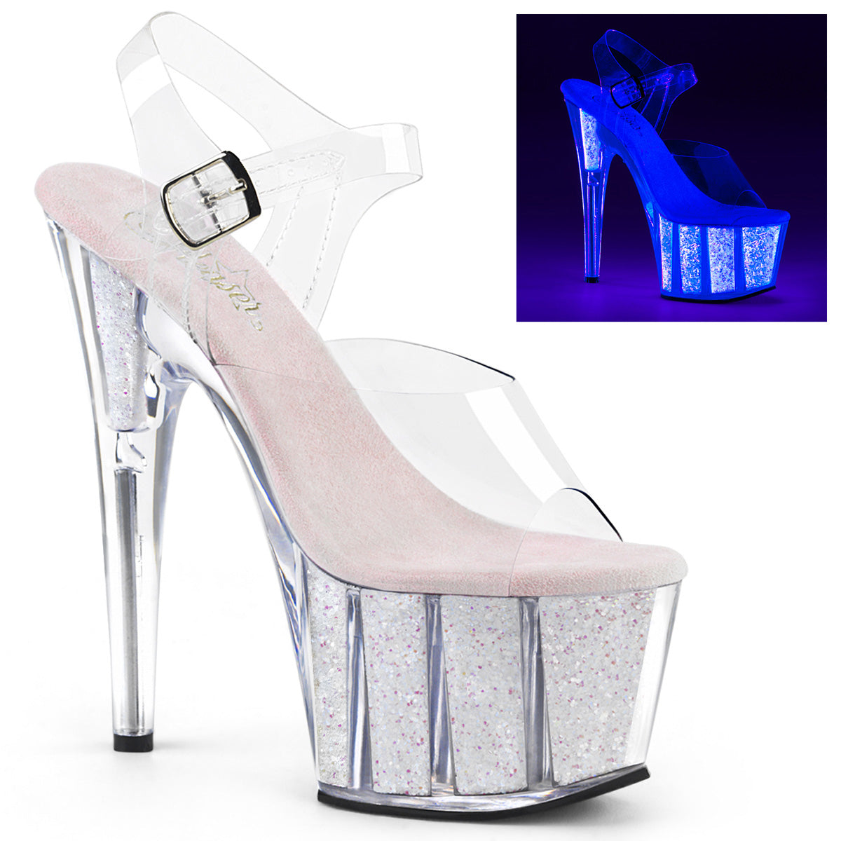 ADORE-708UVG 7 Inch Clear Neon Opal Glitter Pole Dancer Shoe-Pleaser- Sexy Shoes