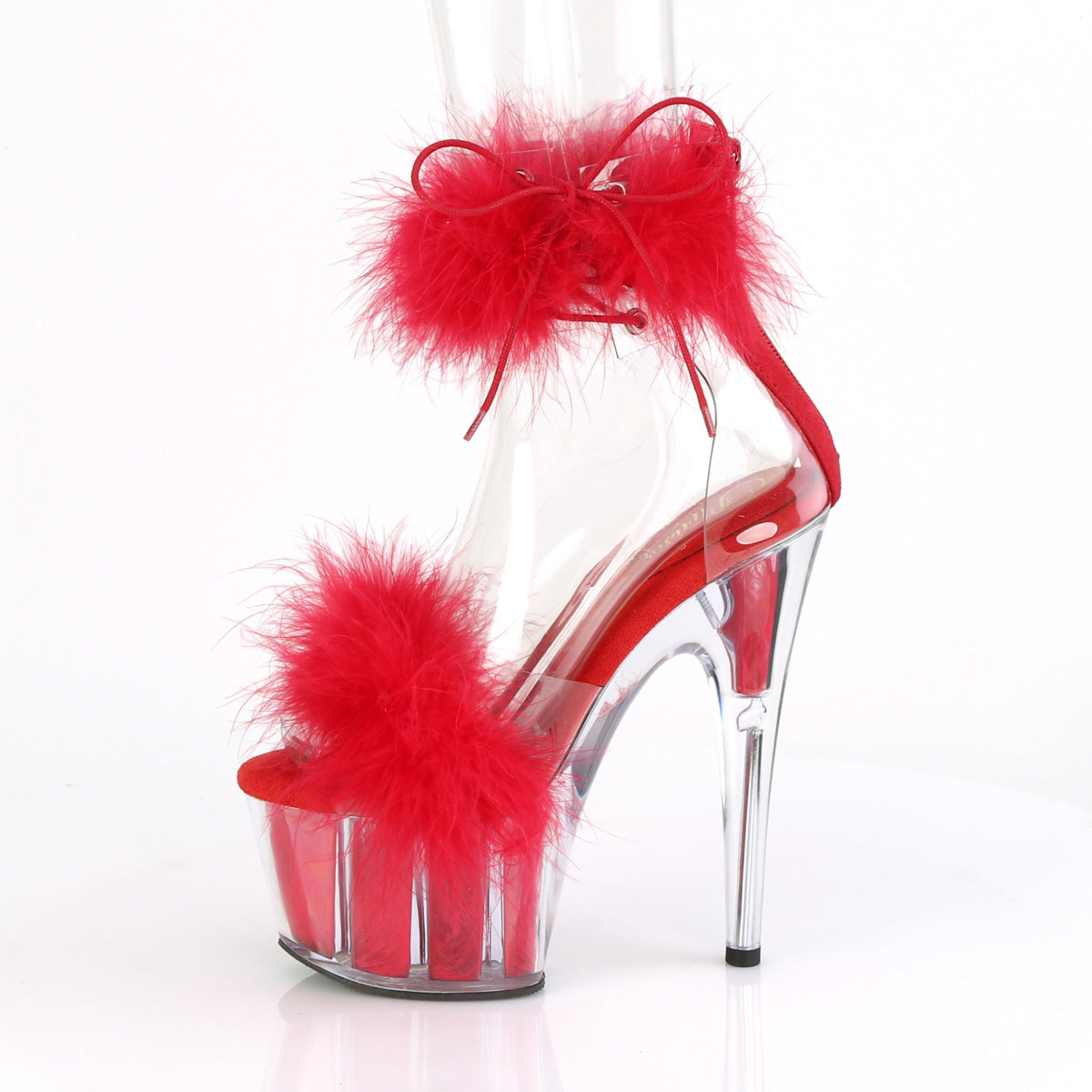 ADORE-724F Pleaser 7" Heel Clear Red Fur Pole Dancing Shoes-Pleaser- Sexy Shoes Pole Dance Heels