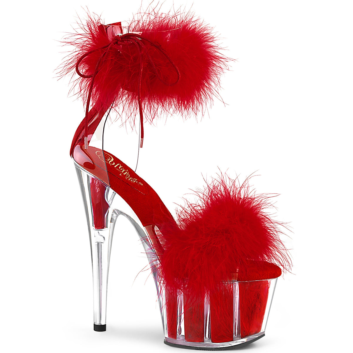 ADORE-724F Pleasers 7" Heel Clear Red Fur Pole Dancing Shoes