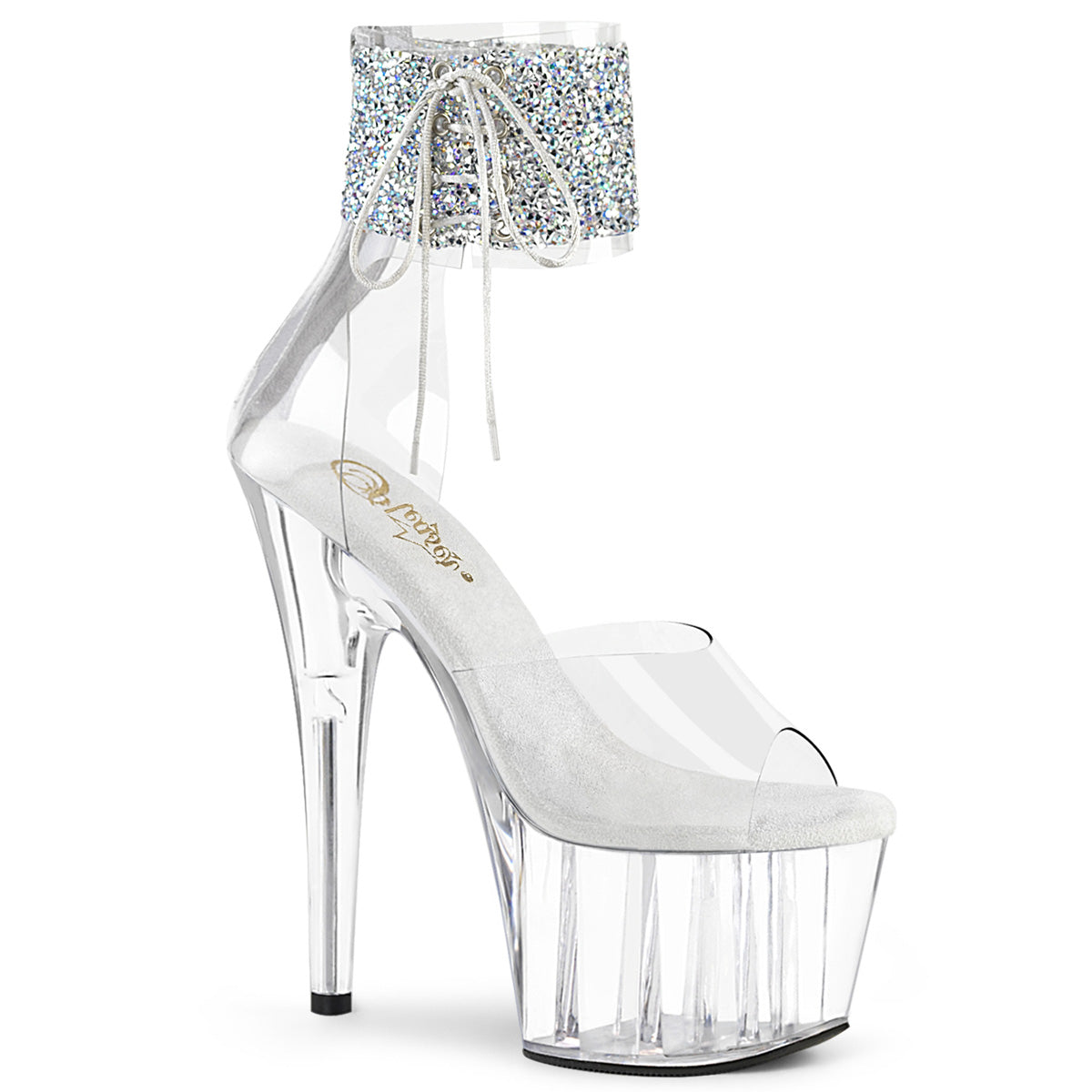 ADORE-724RS-02 Pleasers Clear Platform Exotic Dancing Bling Ankle Cuff Heels