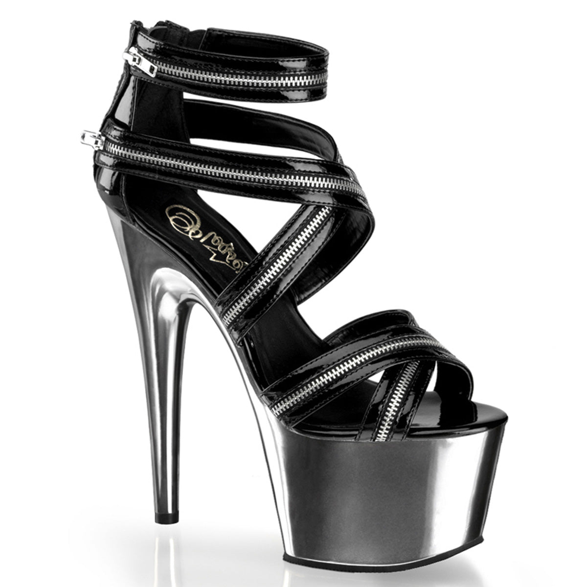 ADORE-767 7" Heel Black and Pewter Chrome Strippers Sandals-Pleaser- Sexy Shoes