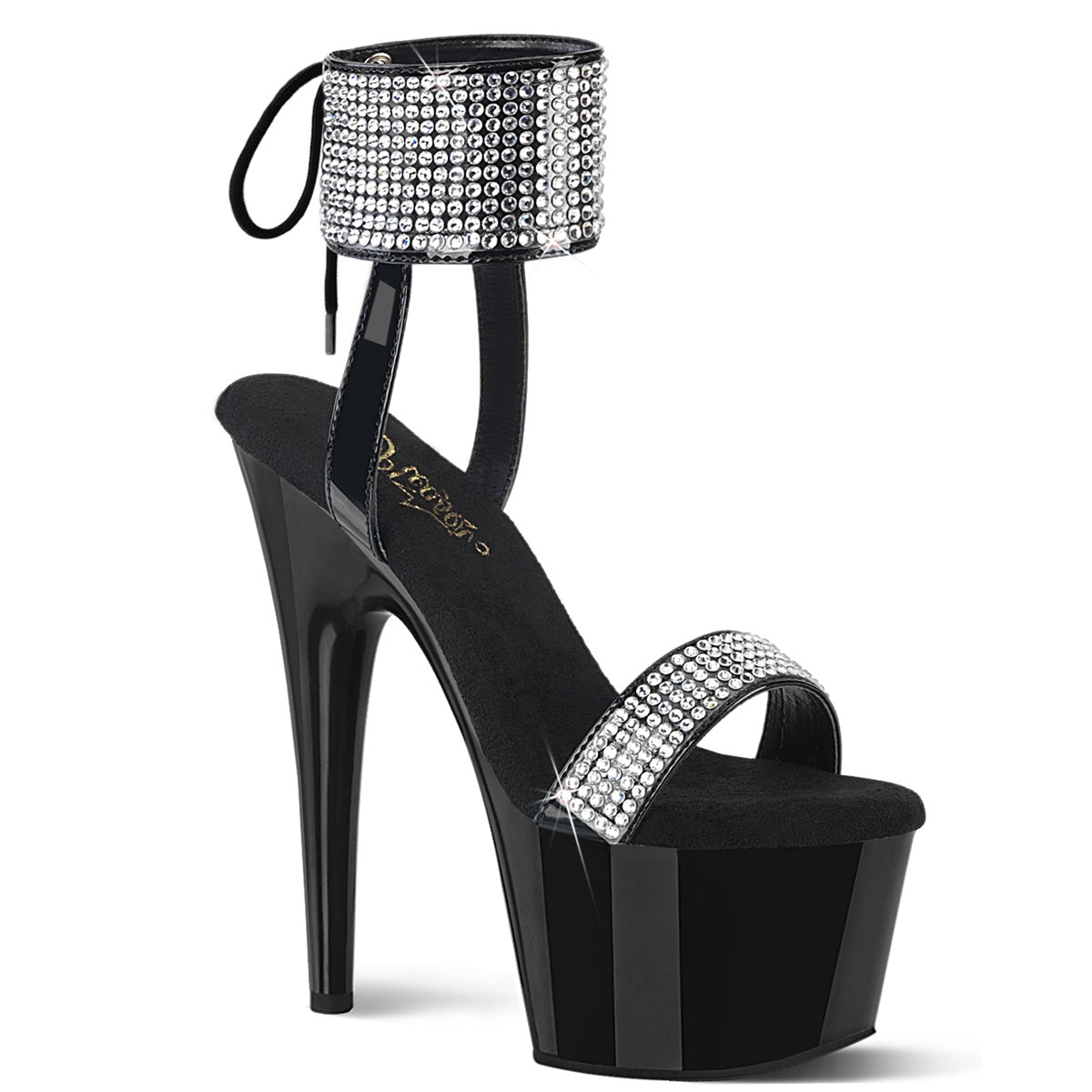 ADORE-770 Pleaser Black Pat Platforms Exotic Dancing Bling Ankle Cuff Heels