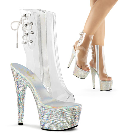 BEJEWELED-1018DM-7 7 Inch Clear Silver Bling Strippers Ankle Boots