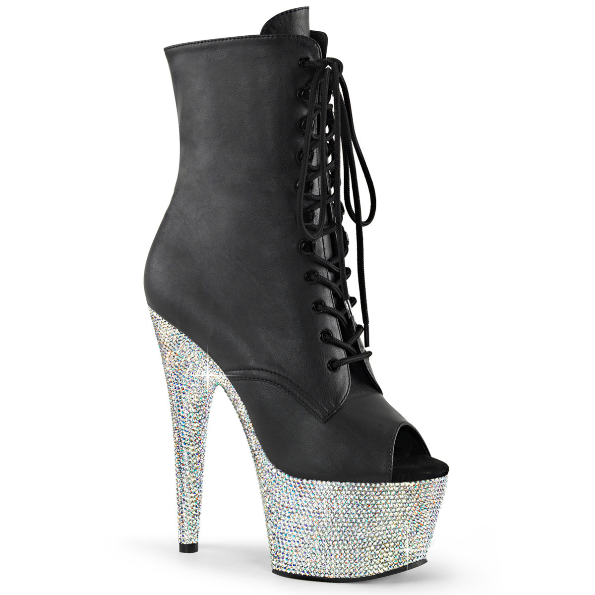 BEJEWELED-1021-7 Pleaser Black Faux Leather Ankle Boots Platforms (Exotic Dancing)