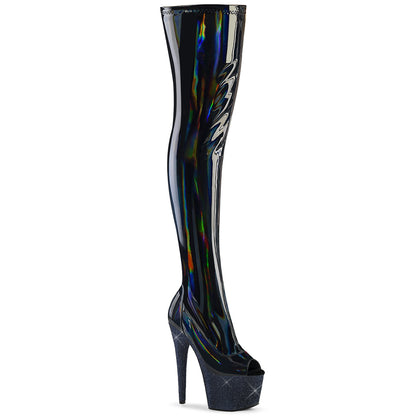 BEJEWELED-3011-7 Pleaser Blk Holo with Rhinestones Platforms Thigh Boots (Exotic Dancing)