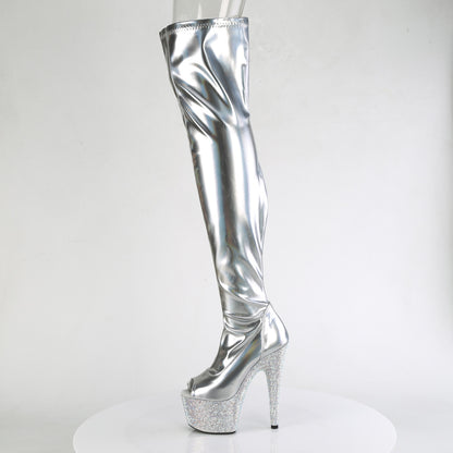 BEJEWELED-3011-7 Pleaser Silver Holo Platform Thigh High Boots (Exotic Dancing)