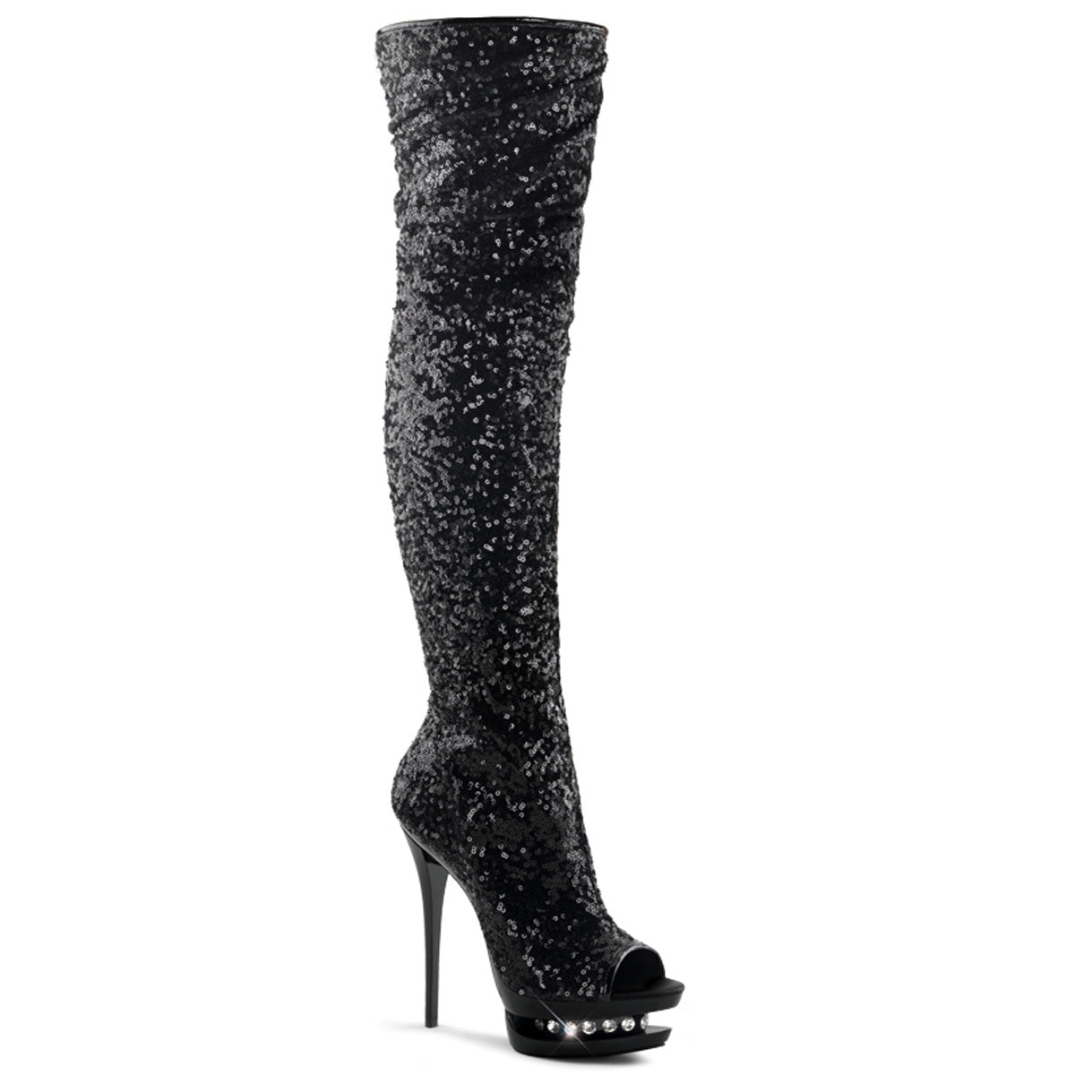 BLONDIE-R-3011 Sexy 6 Inch Black Sequins Stripper Thigh High Boots